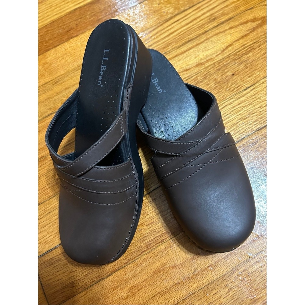 Women's LL Bean Brown Leather Slip On Clogs Mules Size 38 US 7.5Made in BRAZIL